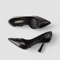 Scarpin Feminino Gabriela Textura Croco Verniz Preto