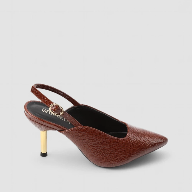 Scarpin Slingback Feminino Gabriela Salto Metálico Textura Cobra Marrom