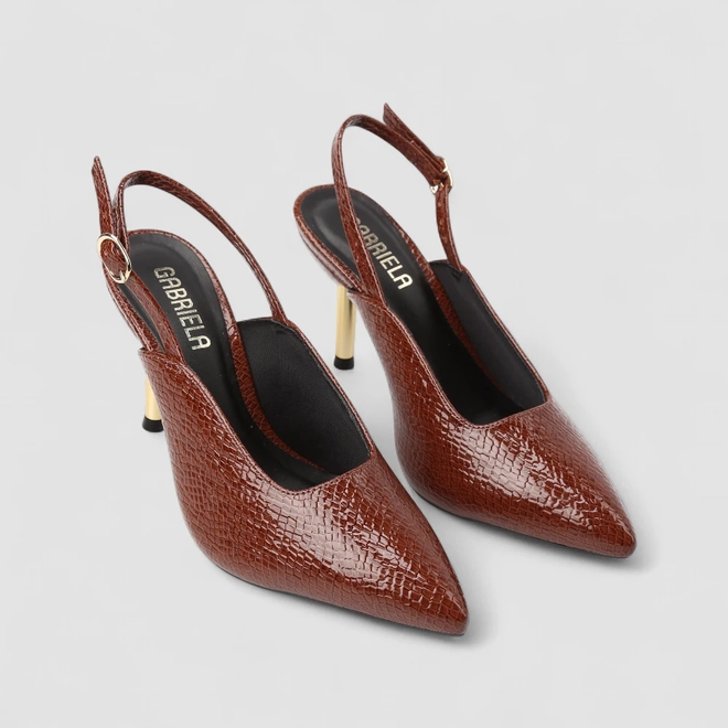 Scarpin Slingback Feminino Gabriela Salto Metálico Textura Cobra Marrom