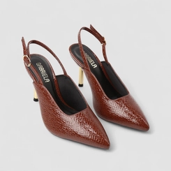Scarpin Slingback Feminino Gabriela Salto Metálico Textura Cobra Marrom