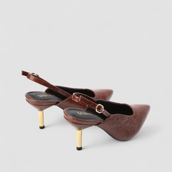 Scarpin Slingback Feminino Gabriela Salto Metálico Textura Cobra Marrom