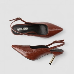 Scarpin Slingback Feminino Gabriela Salto Metálico Textura Cobra Marrom
