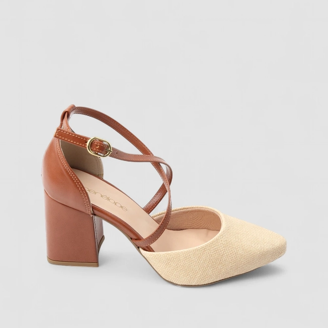 Scarpin Feminino Penélope Salto Bloco Tiras Cruzadas Caramelo & Bege
