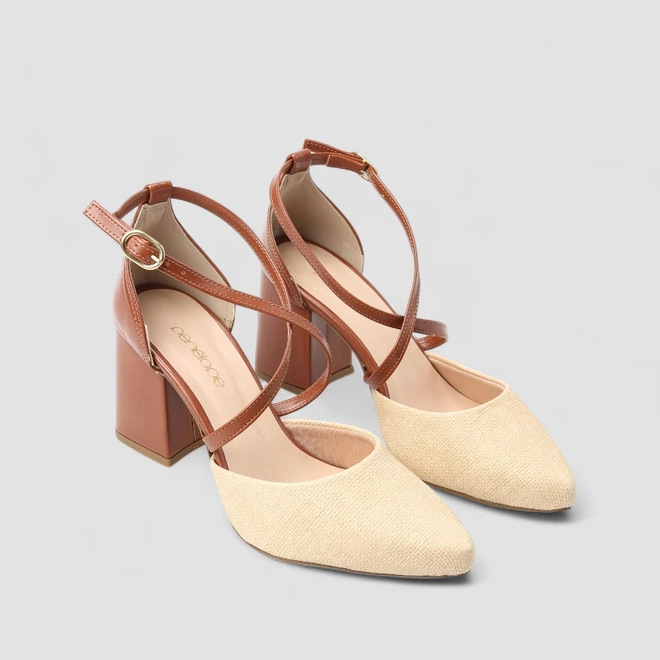 Scarpin Feminino Penélope Salto Bloco Tiras Cruzadas Caramelo & Bege