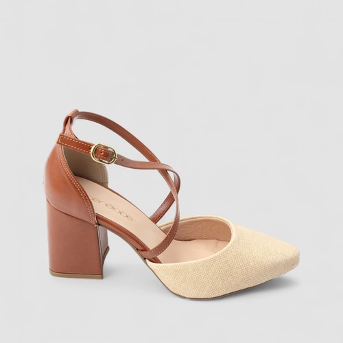 Scarpin Feminino Penélope Salto Bloco Tiras Cruzadas Caramelo & Bege