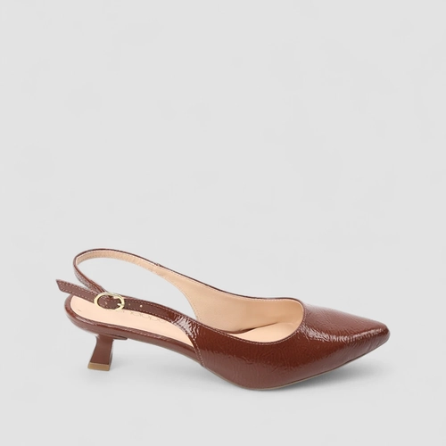 Scarpin Slingback Feminino Penélope Texturizado Salto Taça Verniz Marrom