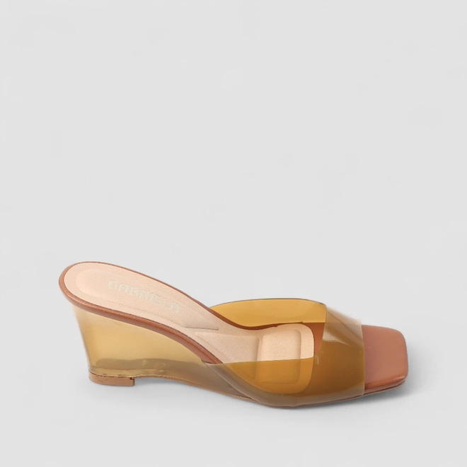 Tamanco Feminino Gabriela Anabela Tira Transparente Caramelo