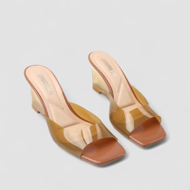 Tamanco Feminino Gabriela Anabela Tira Transparente Caramelo