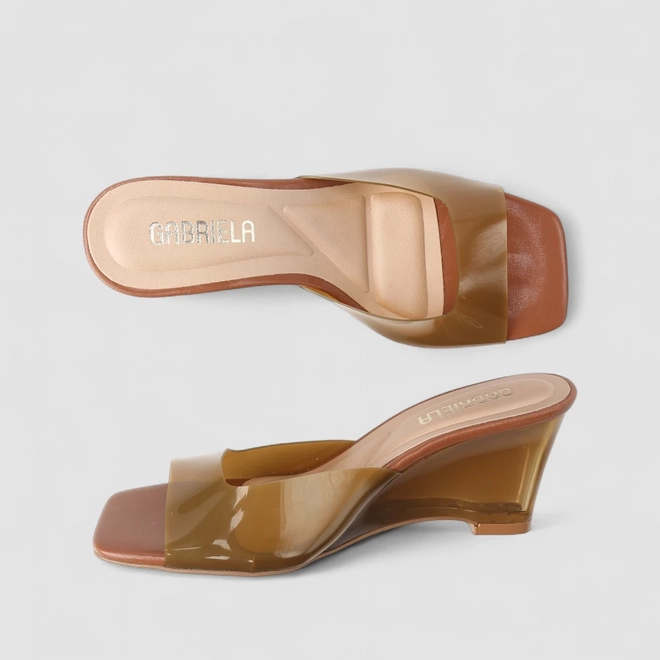 Tamanco Feminino Gabriela Anabela Tira Transparente Caramelo