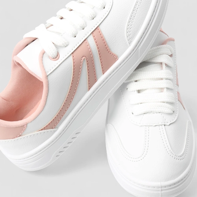 Tênis Casual Feminino Penélope Tiras Estilizadas Branco & Rosa