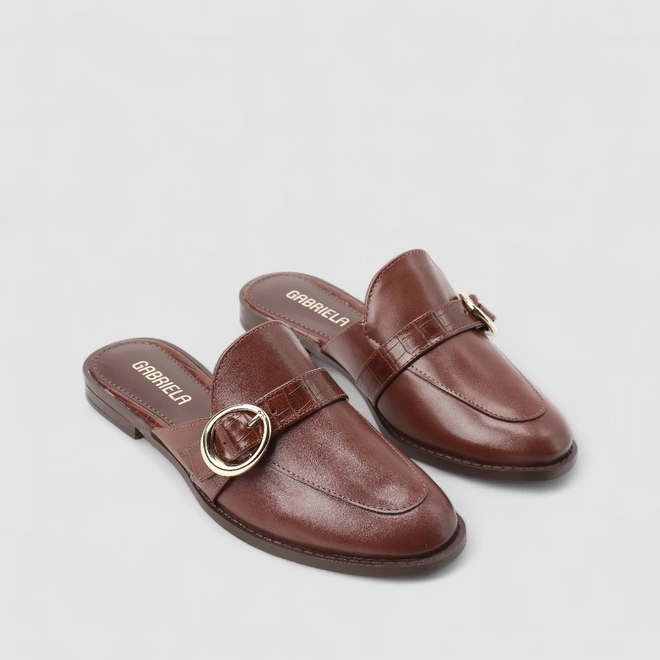 Mule Feminina Gabriela Detalhe Croco Fivela Marrom