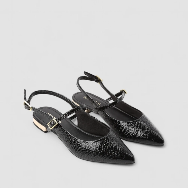 Sapatilha Boneca Slingback Feminino Gabriela Salto Metalizado Textura Cobra Preto