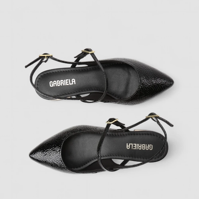 Sapatilha Boneca Slingback Feminino Gabriela Salto Metalizado Textura Cobra Preto
