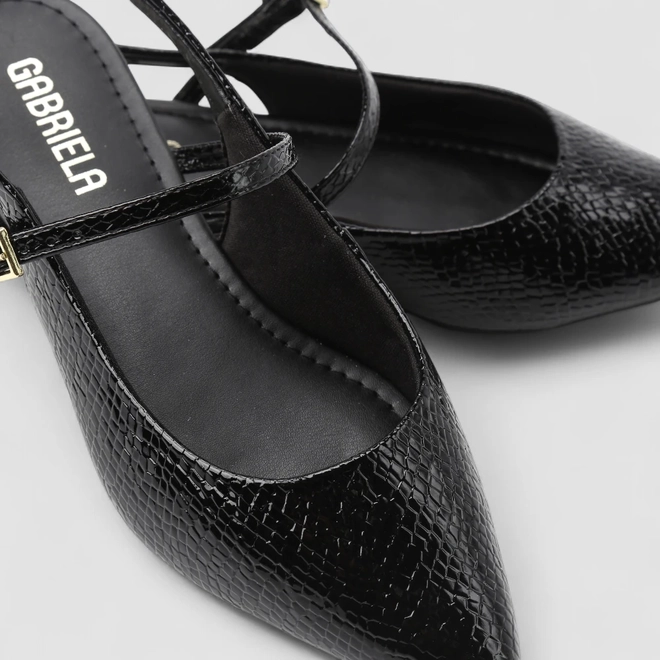 Sapatilha Boneca Slingback Feminino Gabriela Salto Metalizado Textura Cobra Preto