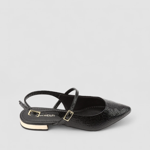 Sapatilha Boneca Slingback Feminino Gabriela Salto Metalizado Textura Cobra Preto