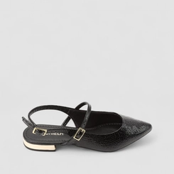 Sapatilha Boneca Slingback Feminino Gabriela Salto Metalizado Textura Cobra Preto