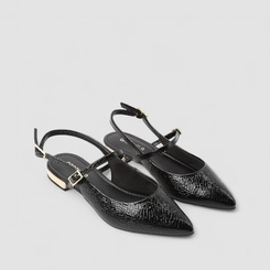 Sapatilha Boneca Slingback Feminino Gabriela Salto Metalizado Textura Cobra Preto