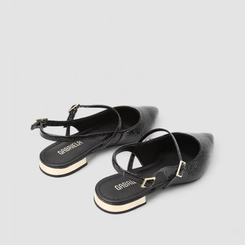 Sapatilha Boneca Slingback Feminino Gabriela Salto Metalizado Textura Cobra Preto