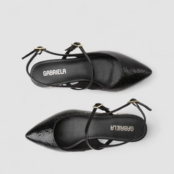 Sapatilha Boneca Slingback Feminino Gabriela Salto Metalizado Textura Cobra Preto