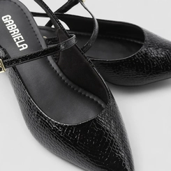 Sapatilha Boneca Slingback Feminino Gabriela Salto Metalizado Textura Cobra Preto