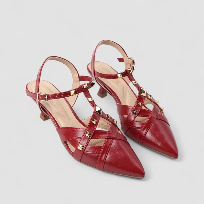 Sandália Slingback Feminina Gabriela Salto Flare Tachas Vermelho