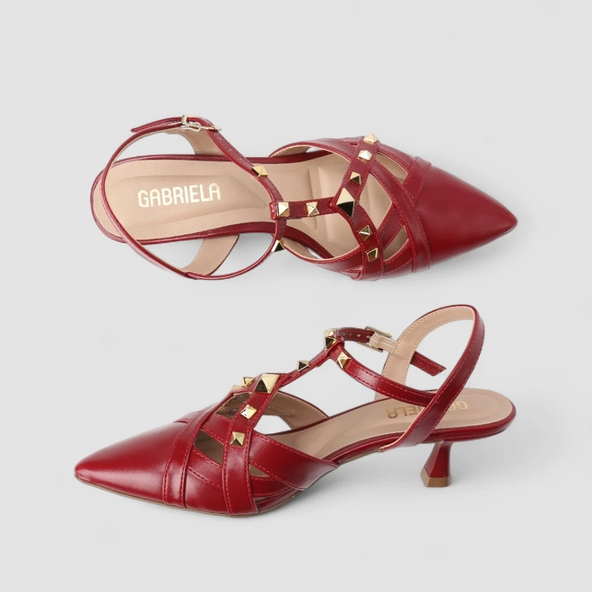 Sandália Slingback Feminina Gabriela Salto Flare Tachas Vermelho