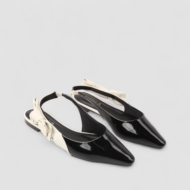Sapatilha Slingback Feminina Gabriela Laço Verniz Preto & Off White