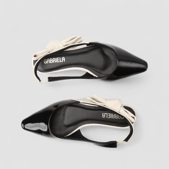 Sapatilha Slingback Feminina Gabriela Laço Verniz Preto & Off White