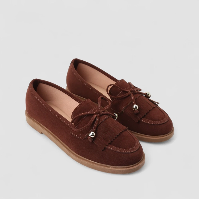 Mocassim Feminino Gabriela Esferas Detalhe Franja Marrom
