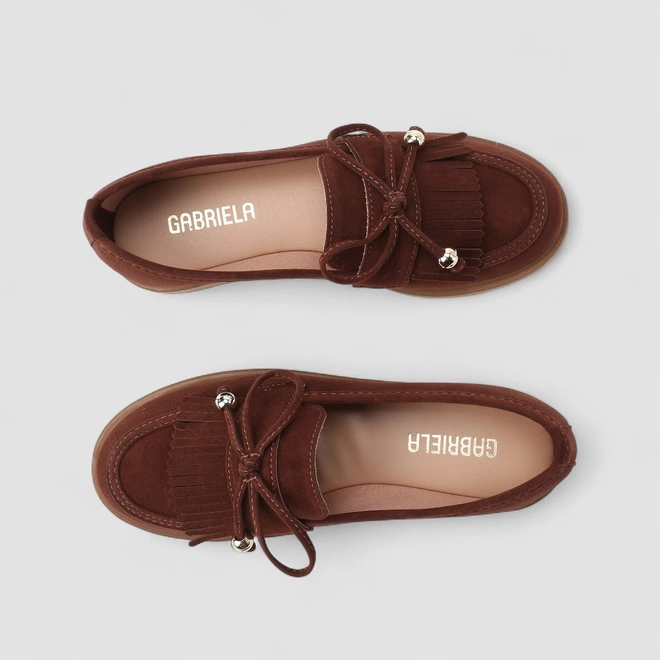 Mocassim Feminino Gabriela Esferas Detalhe Franja Marrom
