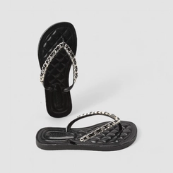 Chinelo Feminino Gabriela Acolchoada Detalhe Corrente Preto