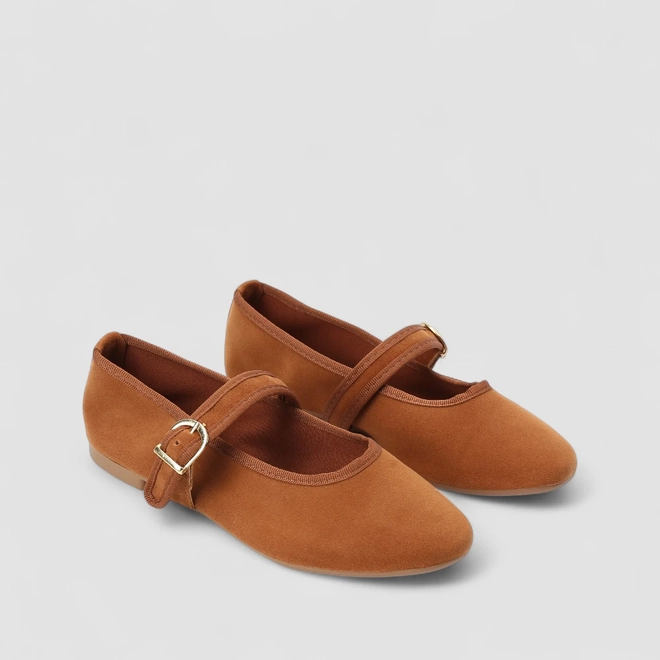 Sapatilha Boneca Feminina Gabriela Fivela Camurça Caramelo