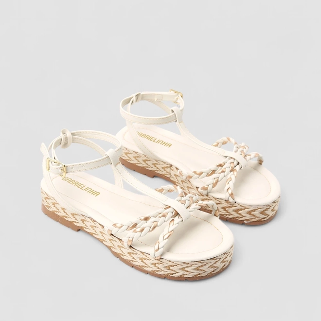 Sandália Infantil Gabrielinha Flatform Tiras Trançada Rafia Branca