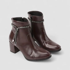 Ankle Boot Feminina Penélope Salto Bloco Strass Marrom