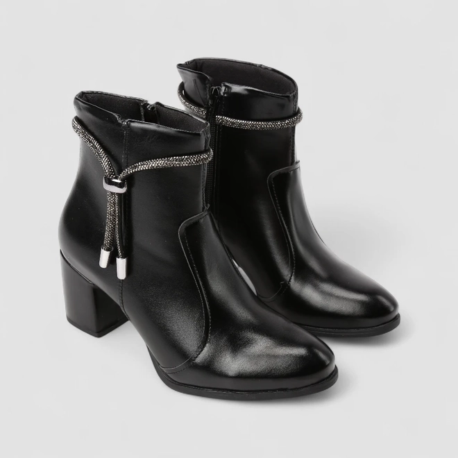 Ankle Boot Feminina Penélope Salto Bloco Strass Preto