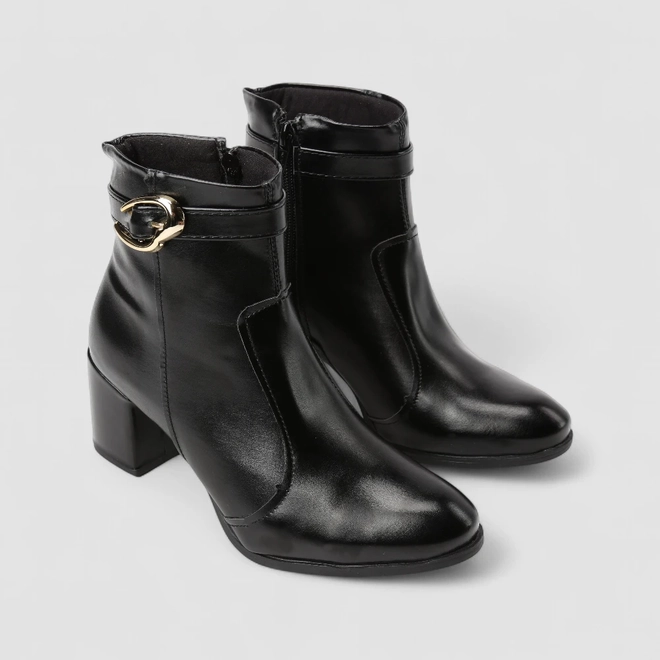 Ankle Boot Feminina Penélope Salto Bloco Enfeite Fivela Preto
