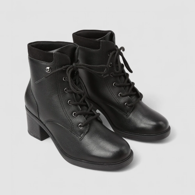 Ankle Boot Feminina Quiz Salto Bloco Couro Detalhe Camurça Preta