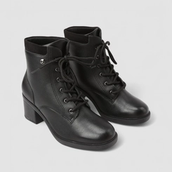 Ankle Boot Feminina Quiz Salto Bloco Couro Detalhe Camurça Preta