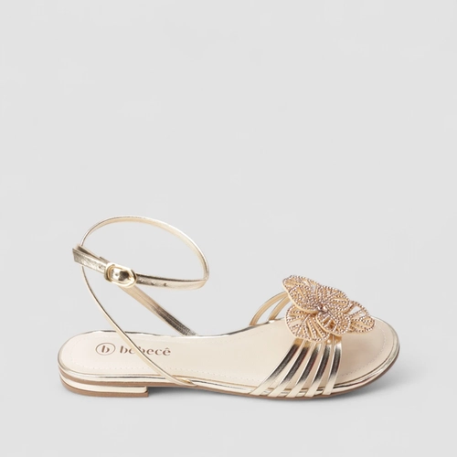 Sandália Rasteira Feminina Bebecê Metalizada Detalhe Flor Glitter Ouro