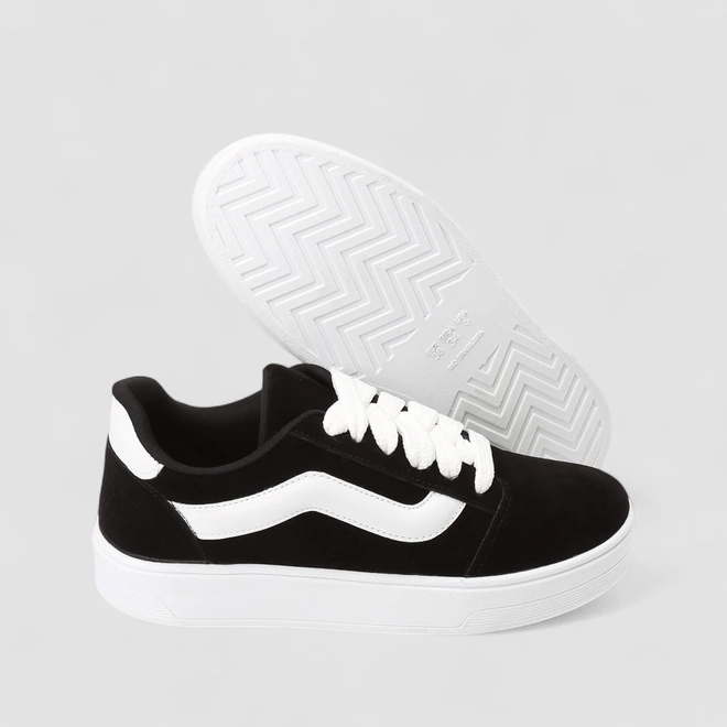 Tênis Casual Feminino Gabriela Faixa Branca Camurça Preto