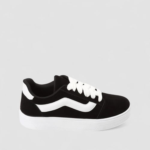 Tênis Casual Feminino Gabriela Faixa Branca Camurça Preto