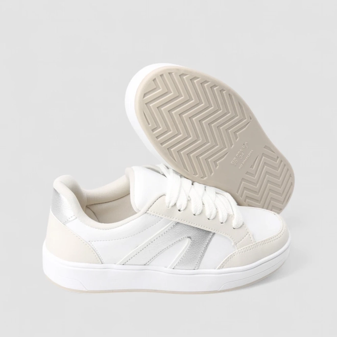 Tênis Casual Feminino Gabriela Recorte Metalizado Branco