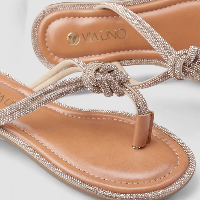 Rasteira Feminina Via Uno Strass Detalhe Nó Nude