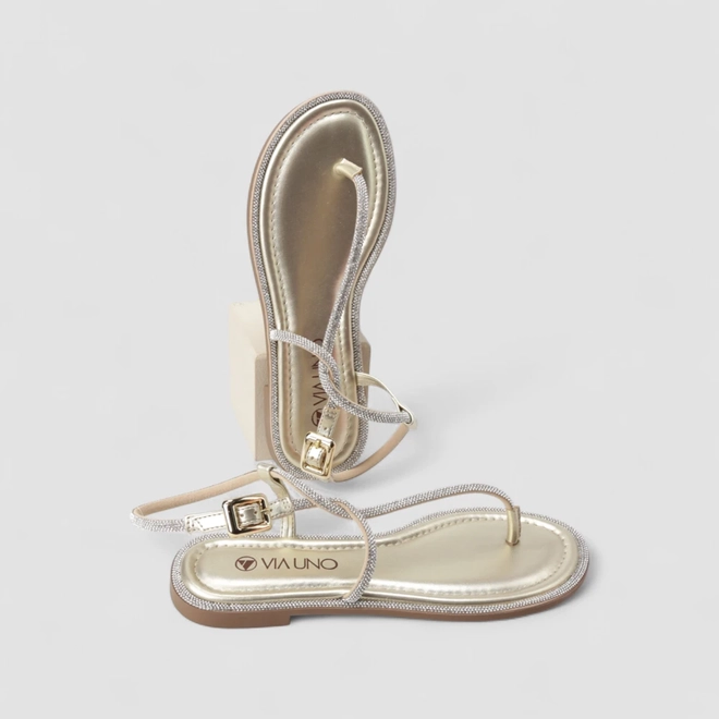 Sandália Rasteira Feminina Via Uno Strass Fivela Dourada Ouro