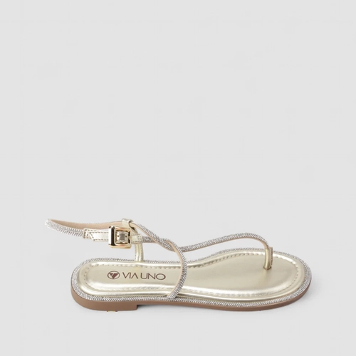 Sandália Rasteira Feminina Via Uno Strass Fivela Dourada Ouro