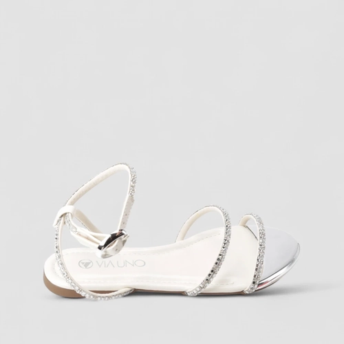 Sandália Rasteira Feminina Via Uno Tiras Strass Off White