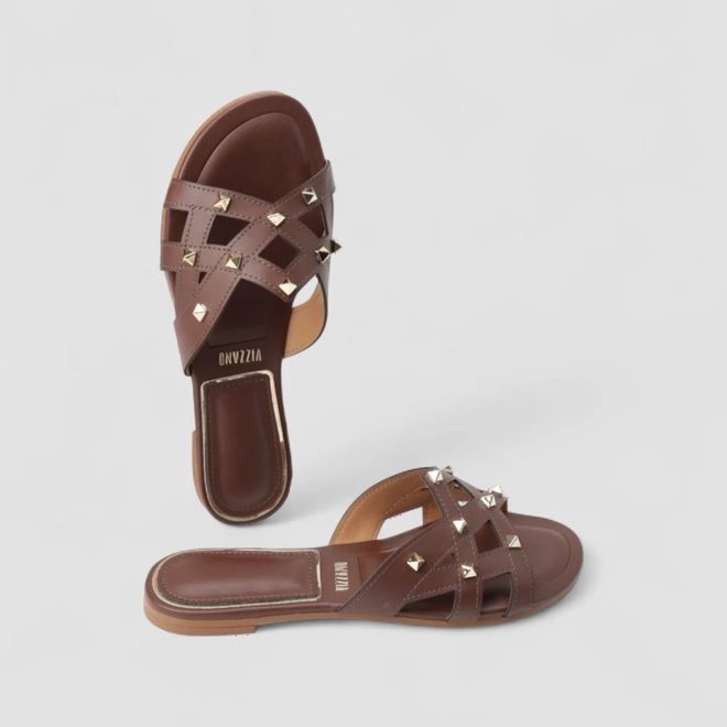 Rasteira Feminina Vizzano Original Tachas Pirâmide Traçado Marrom