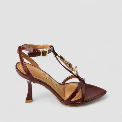 Sandália Feminina Vizzano Original Salto Fino Pedrarias Marrom