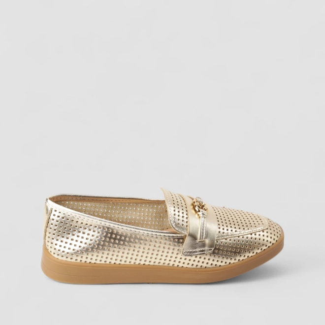 Mocassim Feminino Gabriela Em Couro Metalizado Ouro