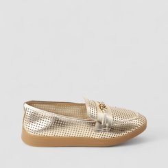Mocassim Feminino Gabriela Em Couro Metalizado Ouro